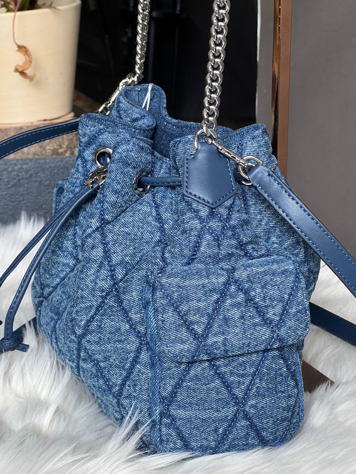 Tory Burch Charlie Quilted Denim Drawstring Shoulder Bag