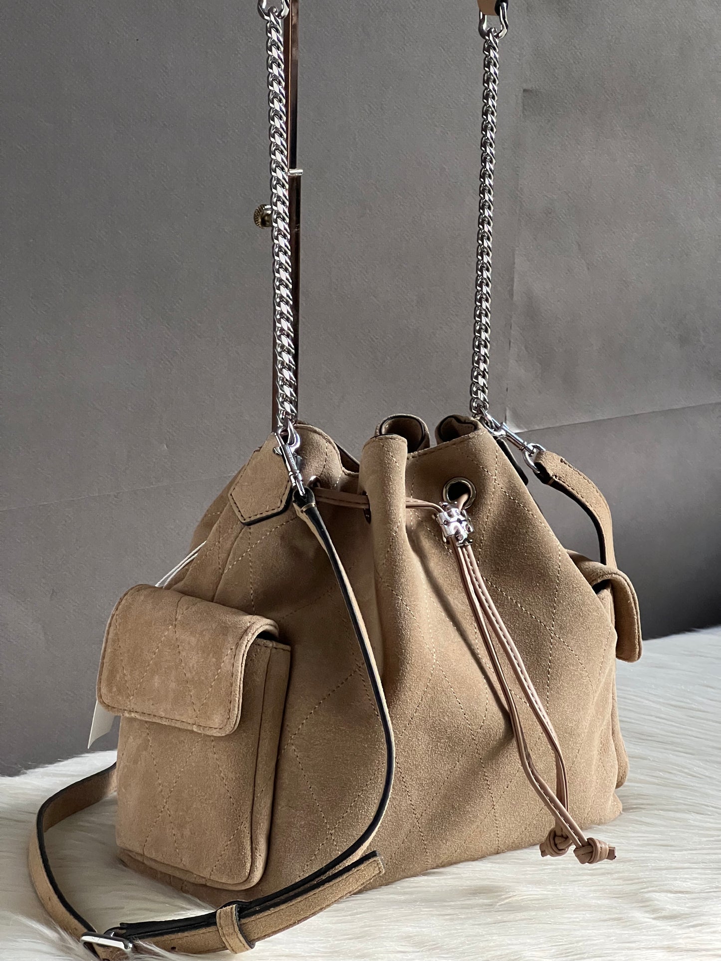 Tory Burch Charlie Quilted Suede Drawstring Shoulder Bag