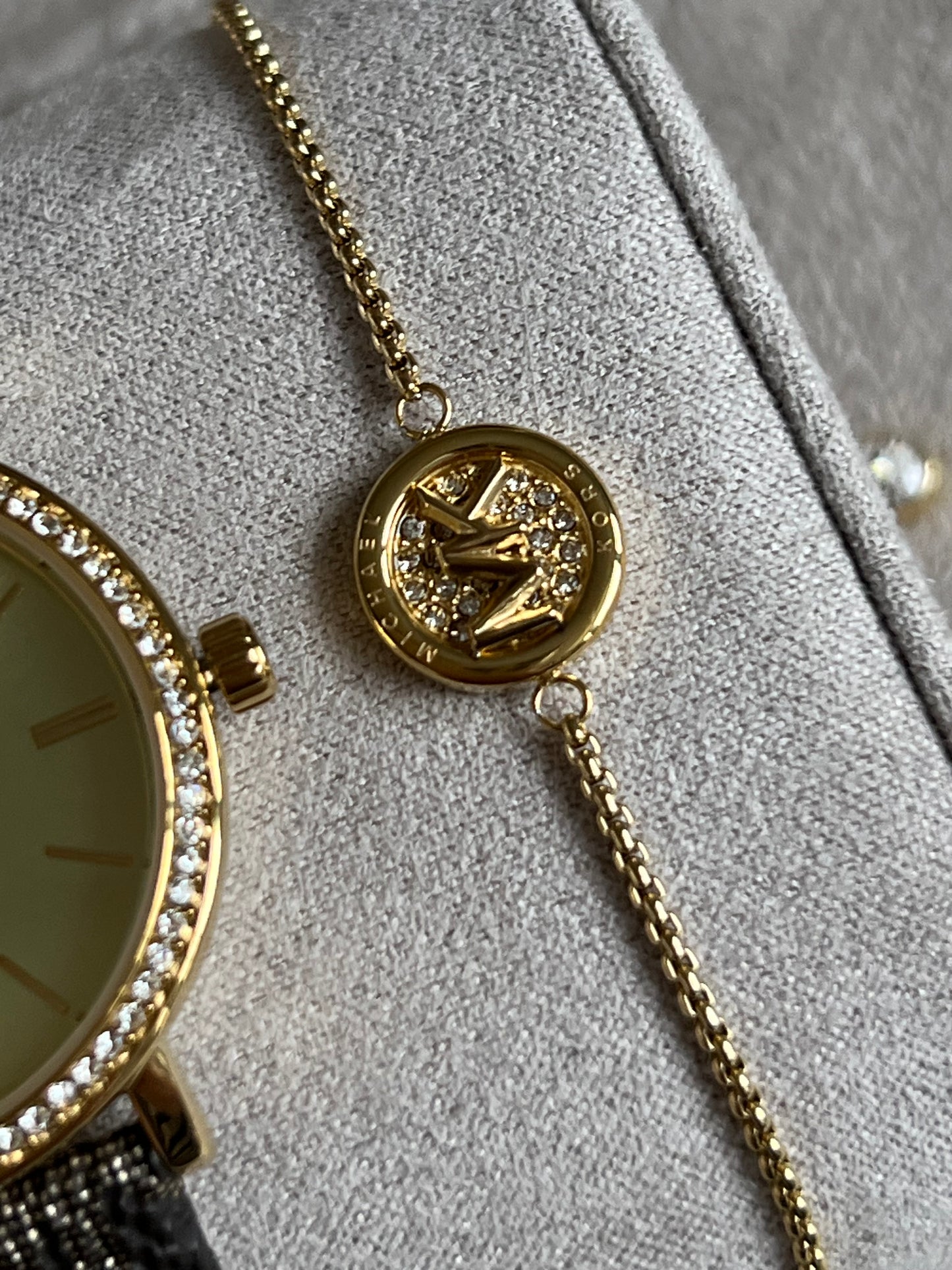 Michael Kors Women’s Addyson Quartz Crystal Gold Dial Ladies Watch and Jewelry Set