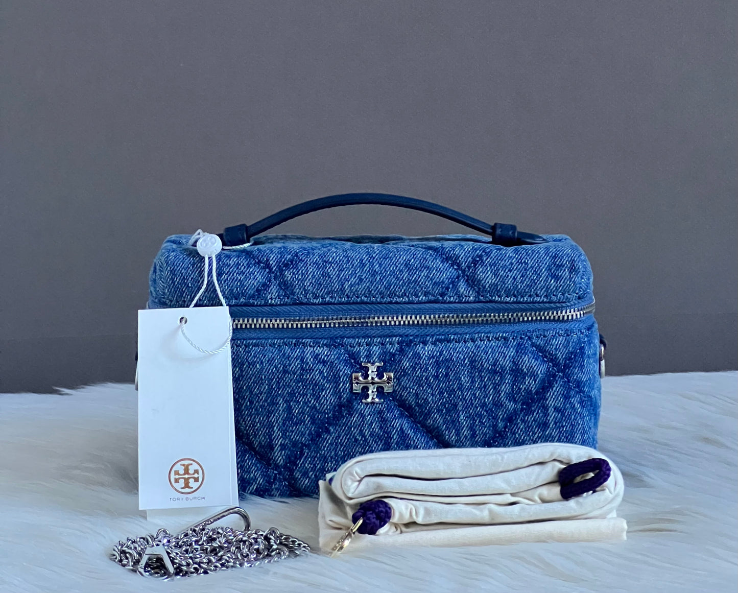 Tory Burch Kira Diamond Quilt Denim Vanity Case