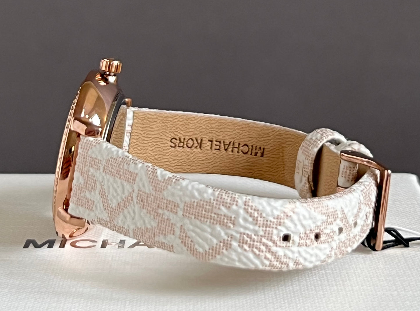 Michael Kors Three-Hand Rose Gold and Vanilla Metallic PVC Watch and Jewelry Set