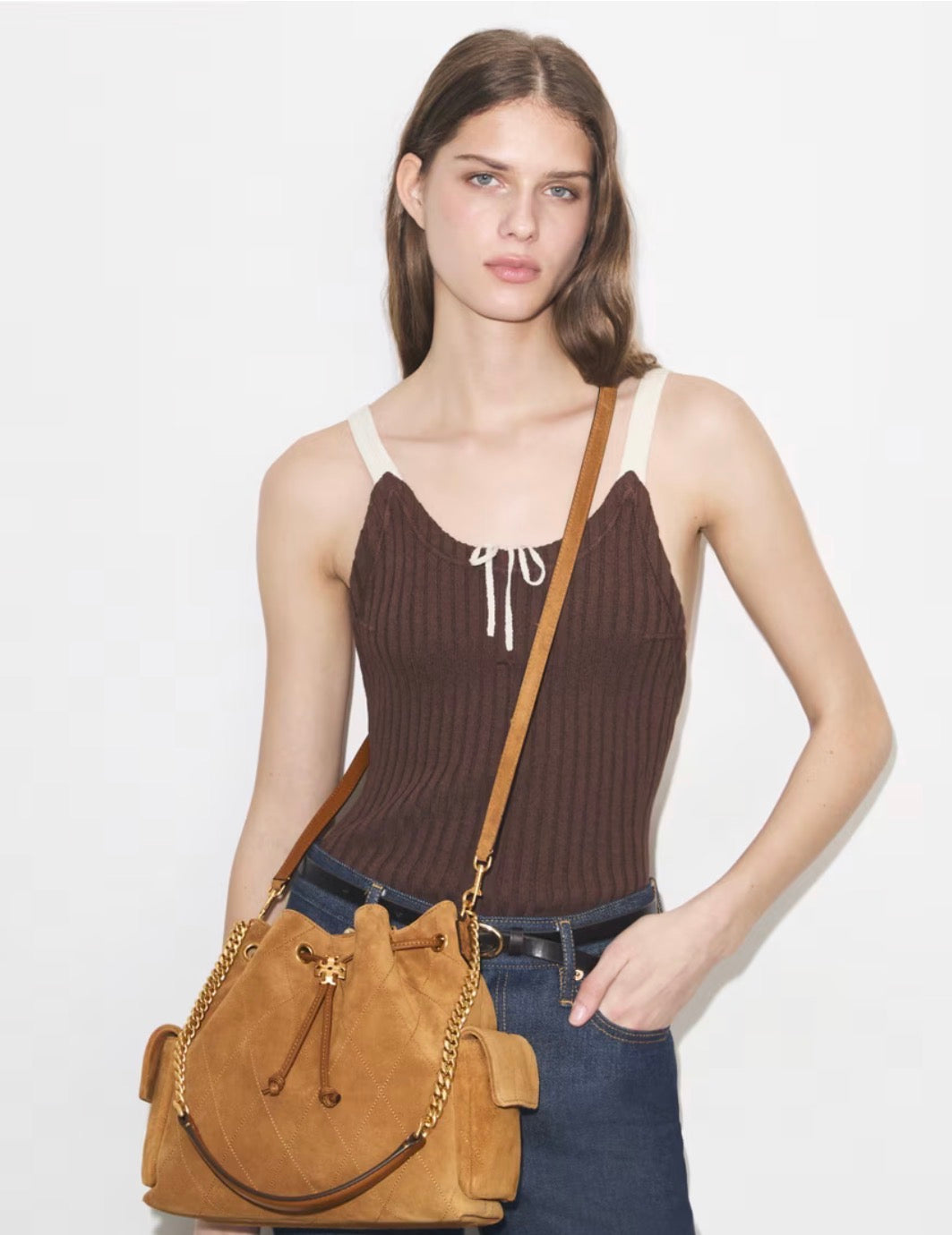 Tory Burch Charlie Quilted Suede Drawstring Shoulder Bag