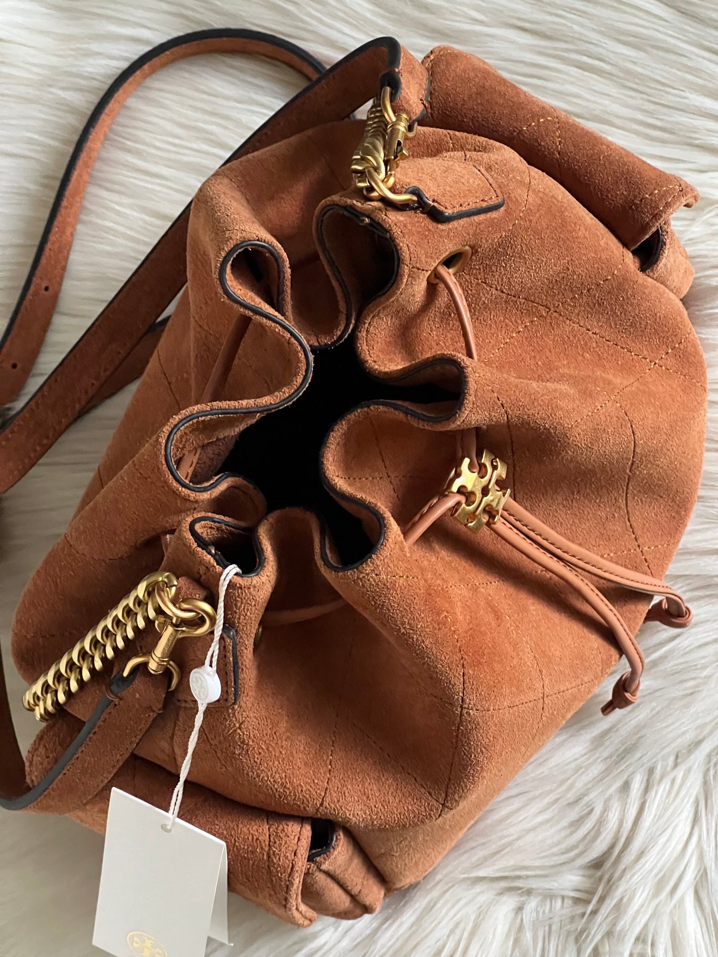 Tory Burch Charlie Quilted Suede Drawstring Shoulder Bag