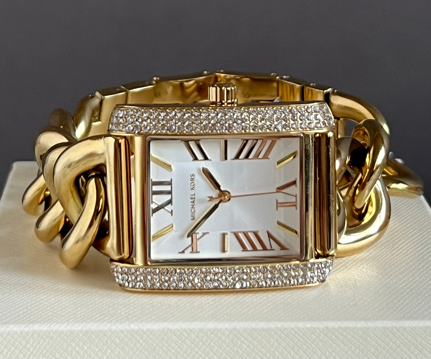 Michael Kors Women’s Oversized Emery Pavé Gold-Tone Curb Link Watch