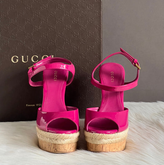 Gucci Vernice Crystal Platform Wedge Sandals