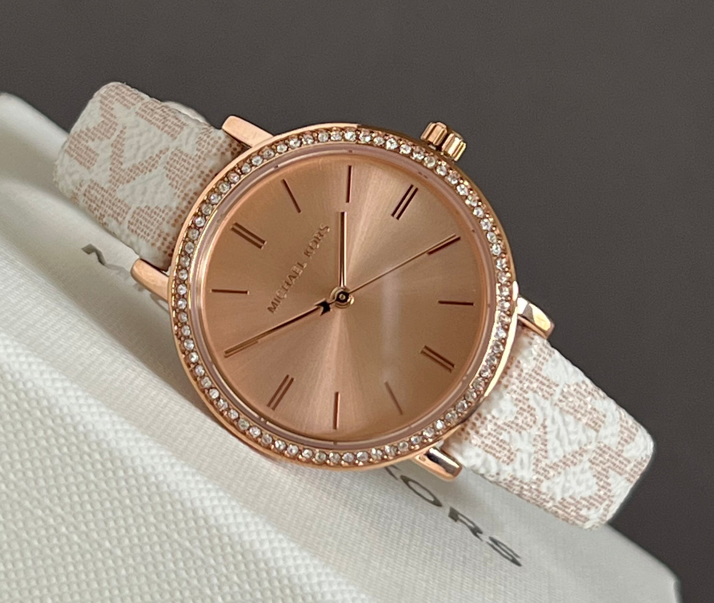 Michael Kors Three-Hand Rose Gold and Vanilla Metallic PVC Watch and Jewelry Set