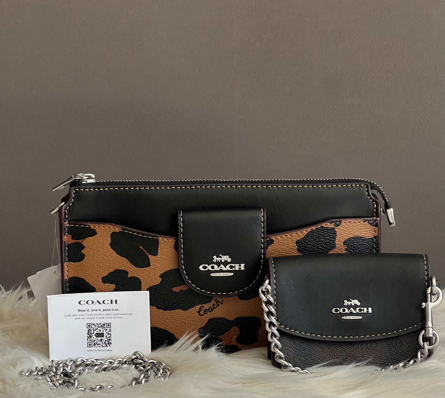 Coach Poppy Crossbody with Card Case with Leopard Print and Signature Canvas