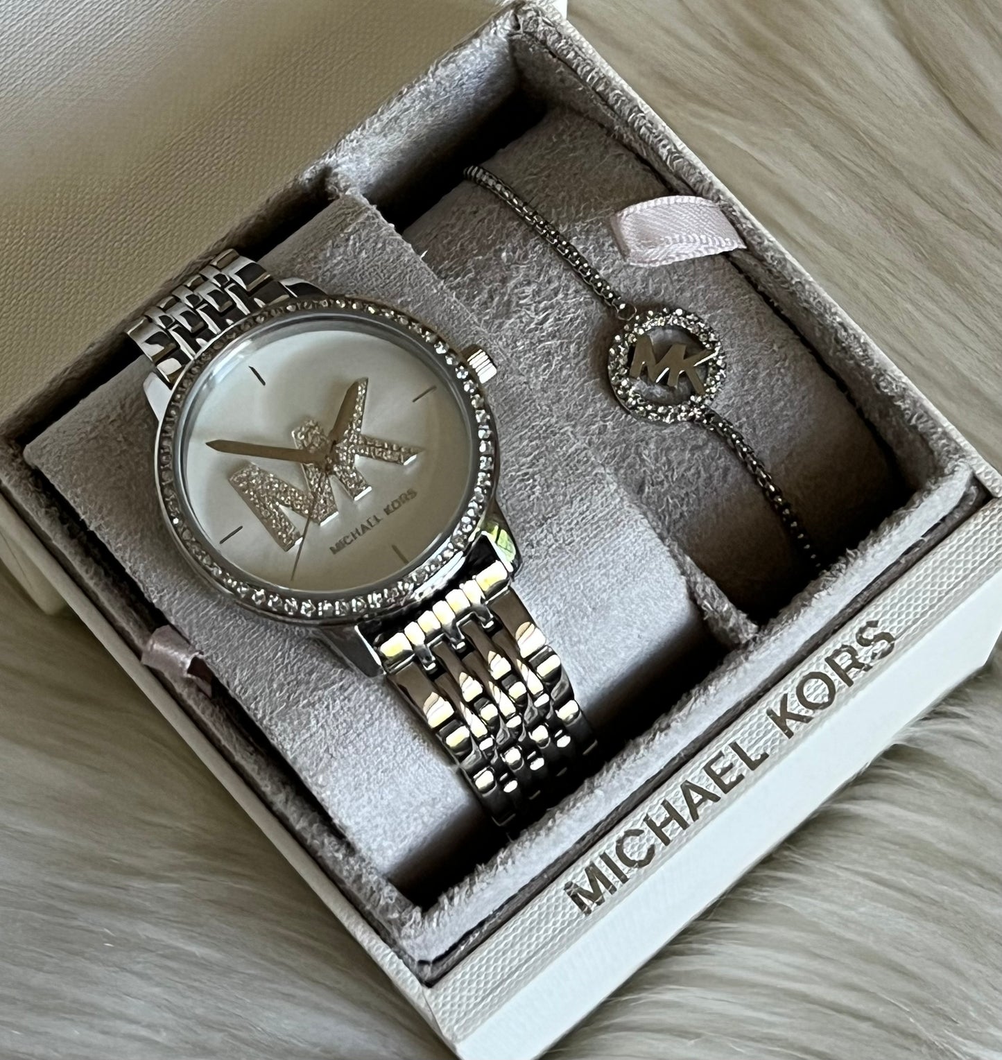 Michael Kors Women’s Three-Hand Stainless Steel Watch and Slider Bracelet Set