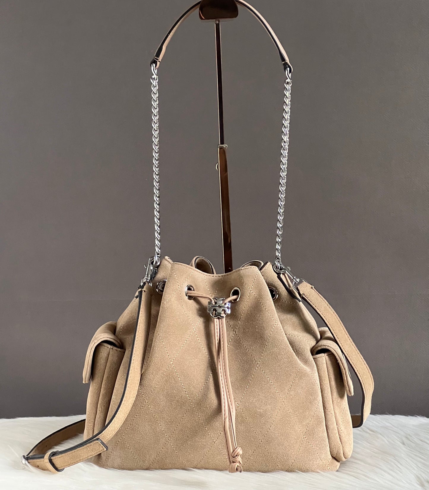 Tory Burch Charlie Quilted Suede Drawstring Shoulder Bag