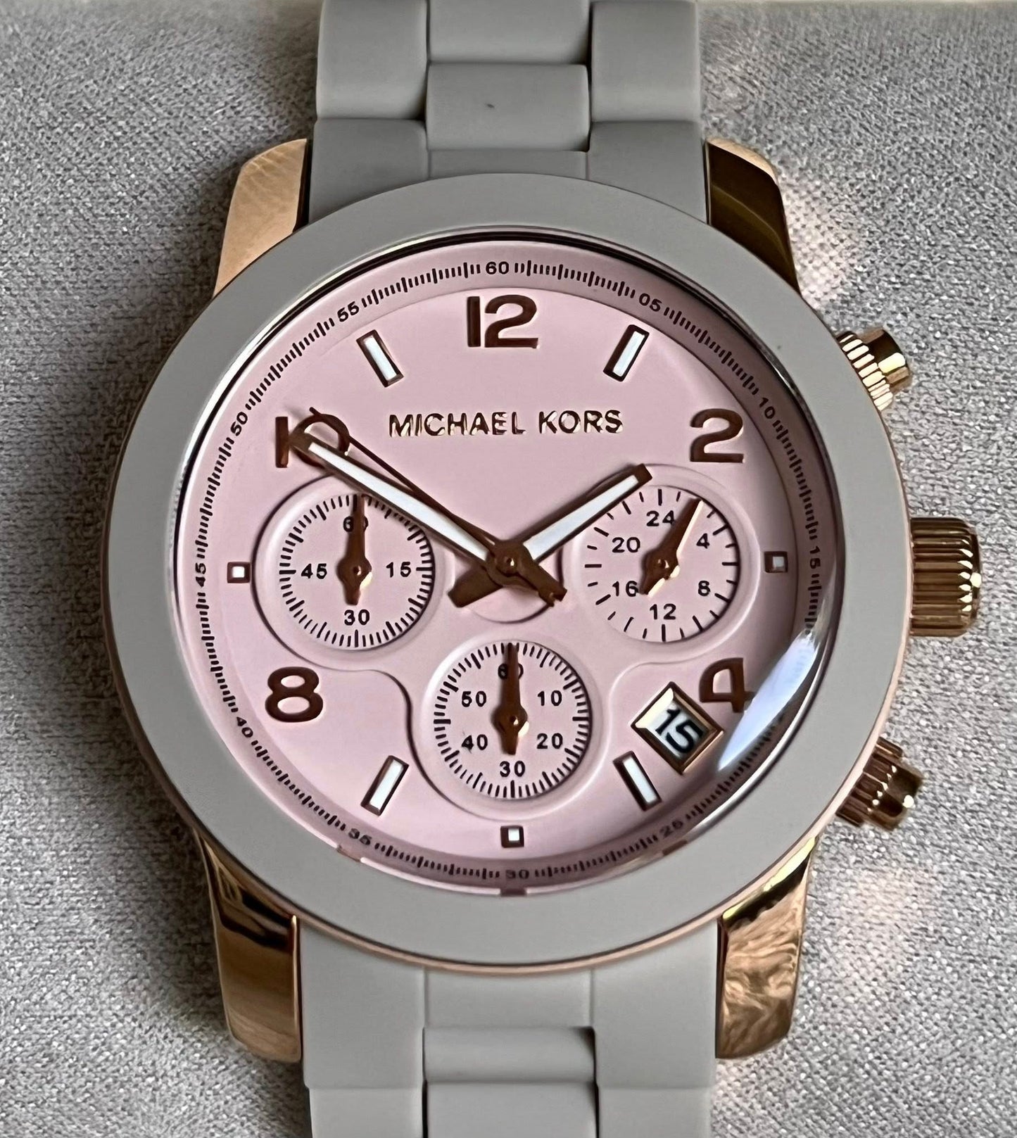 Michael Kors Women’s Runway Chronograph Rose Gold-Tone Stainless Steel and Wheat Silicone Watch