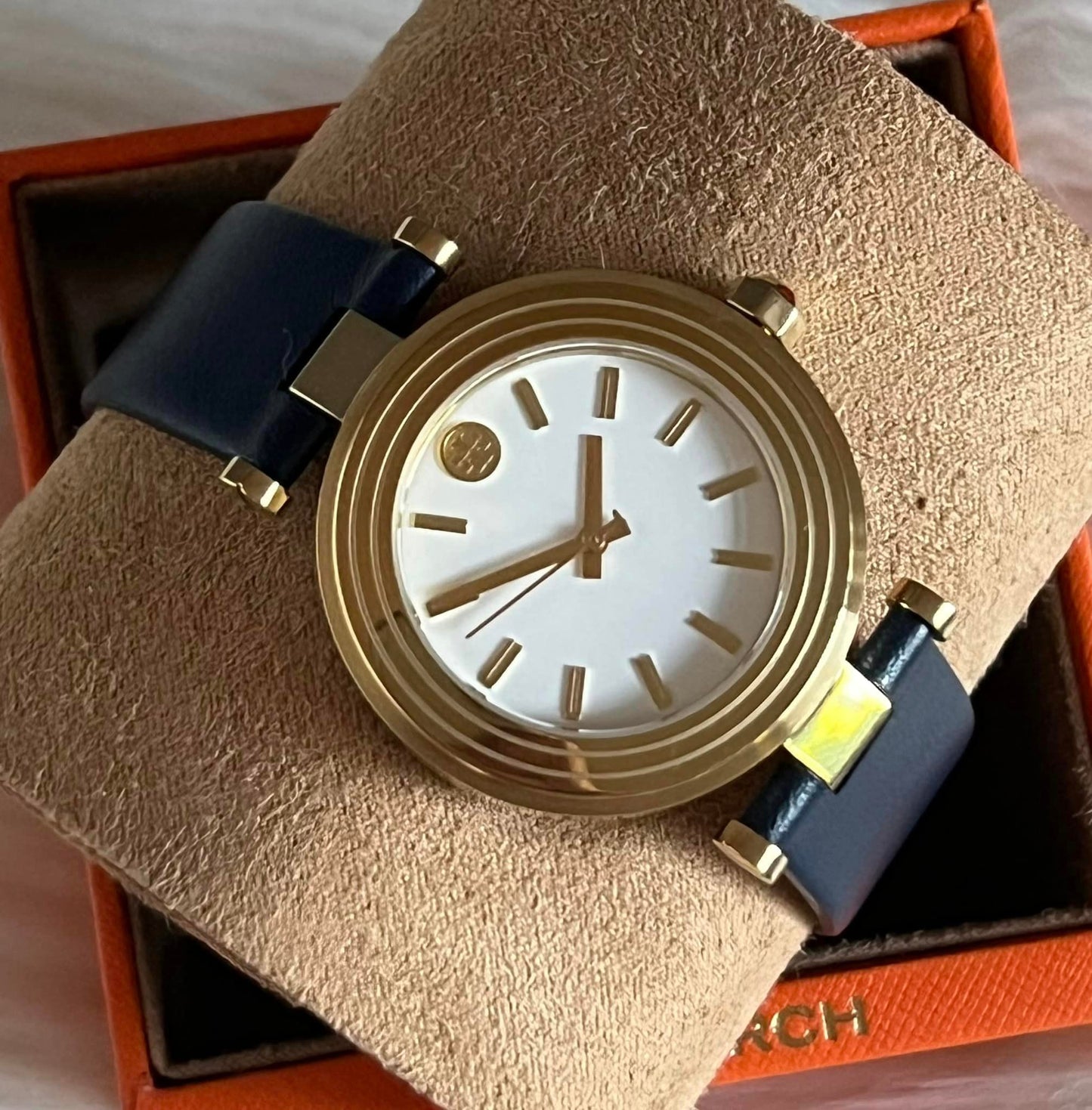 Tory Burch Women’s Classic T Navy Leather Gold-Tone Watch