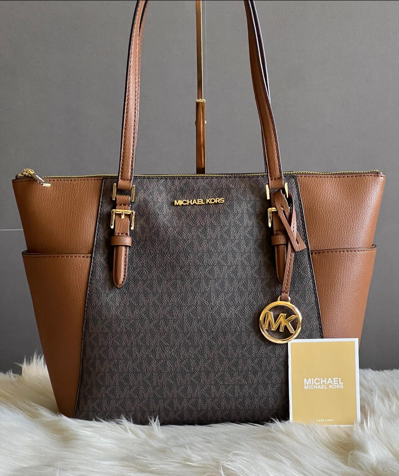 Michael Kors Charlotte Large Logo and Leather Top-Zip Tote Bag