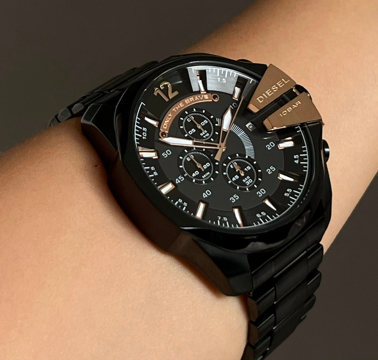 Diesel Men’s Mega Chief Black IP and Rose Gold Chronograph