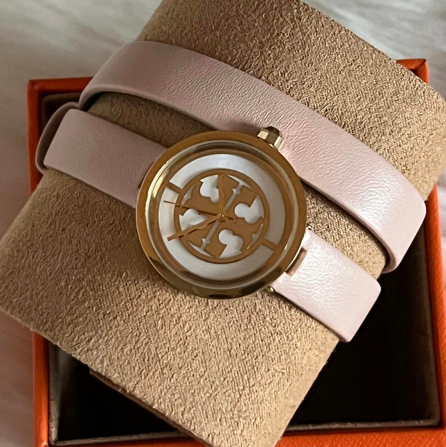 Tory Burch Reva Double-Wrap Watch in Nude Leather/Gold Tone