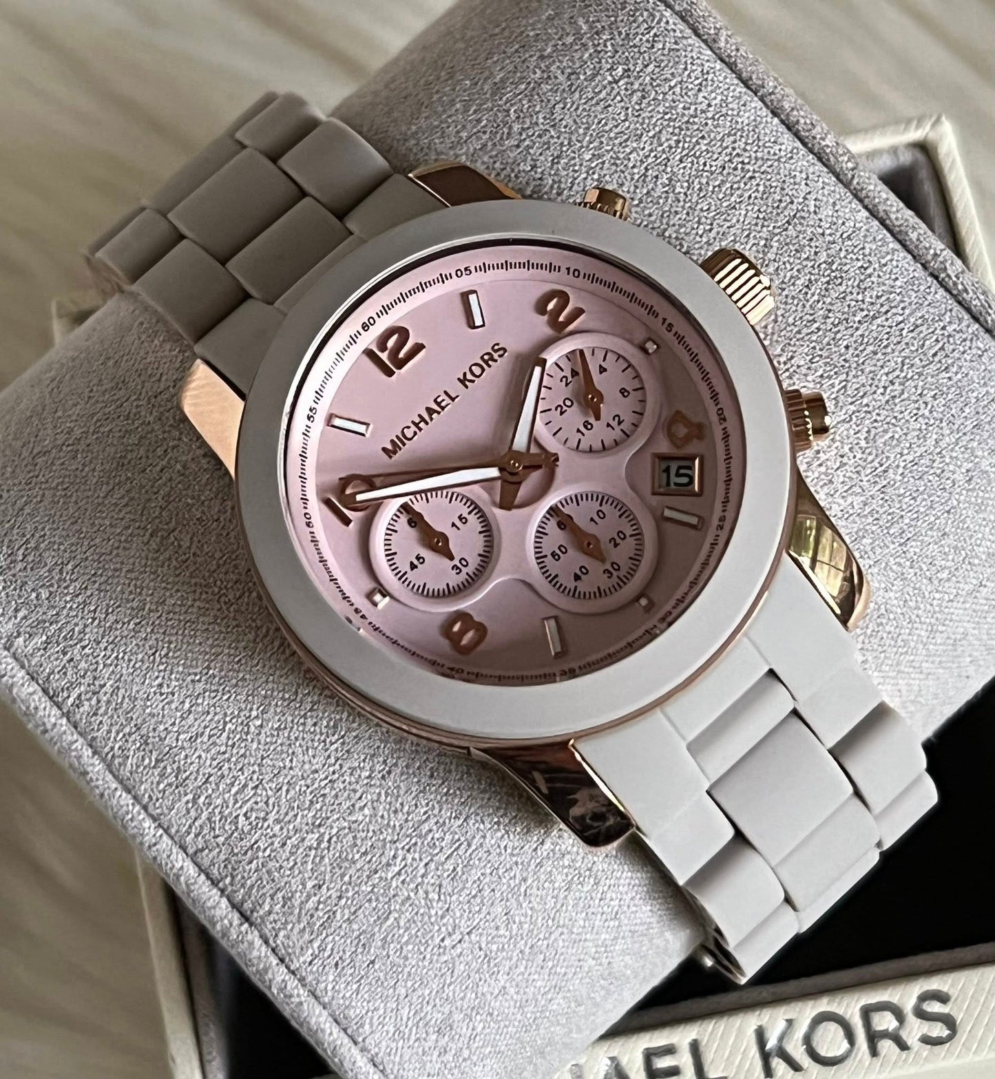 Michael Kors Women’s Runway Chronograph Rose Gold-Tone Stainless Steel and Wheat Silicone Watch