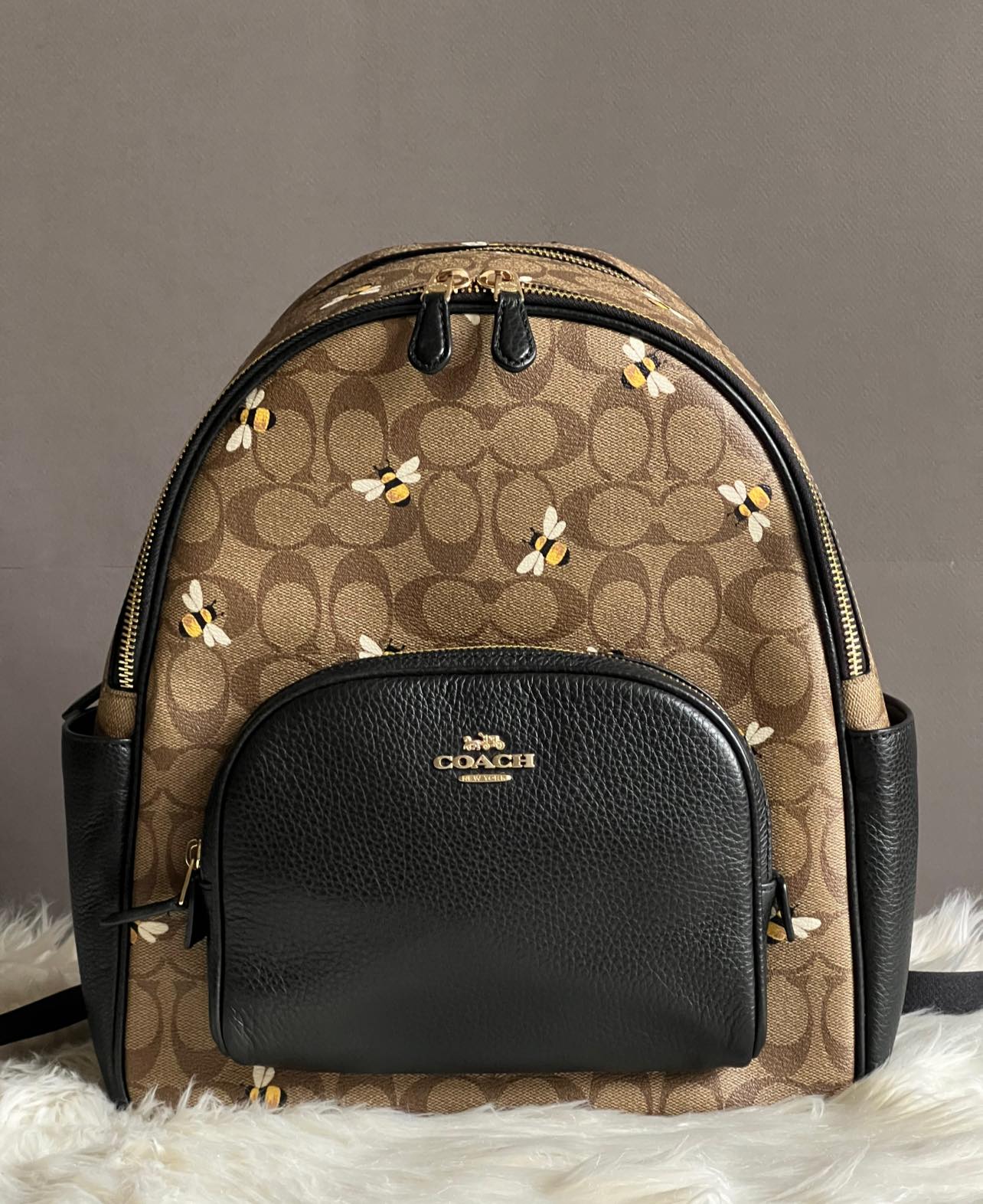 Coach Court Backpack In Signature Canvas With Bee Print