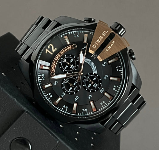 Diesel Men’s Mega Chief Black IP and Rose Gold Chronograph