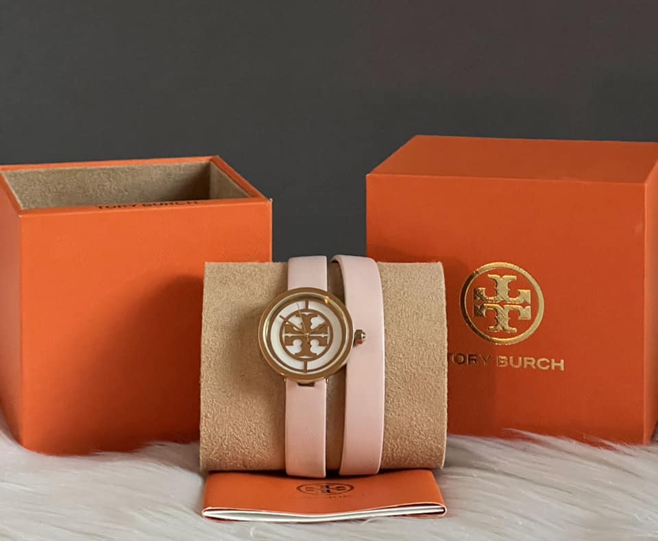 Tory Burch Reva Double-Wrap Watch in Nude Leather/Gold Tone