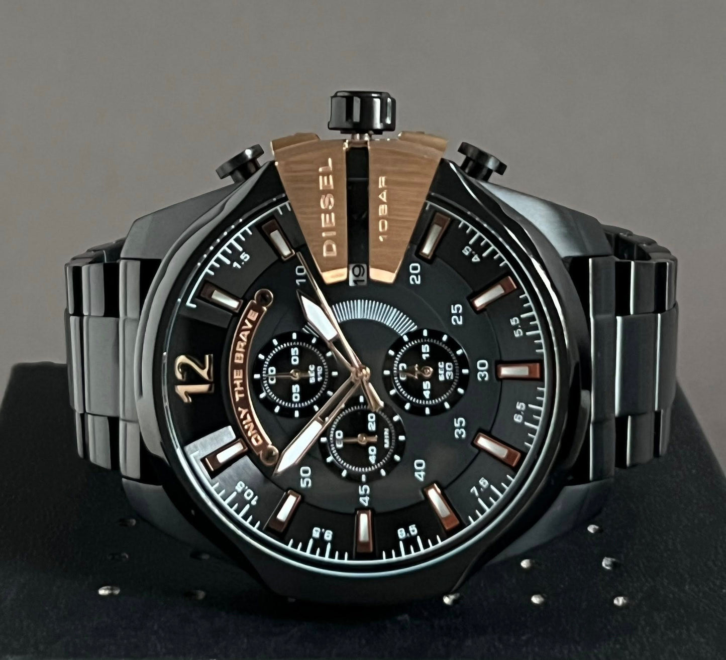 Diesel Men’s Mega Chief Black IP and Rose Gold Chronograph