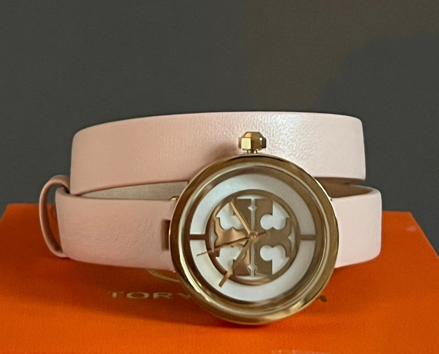 Tory Burch Reva Double-Wrap Watch in Nude Leather/Gold Tone