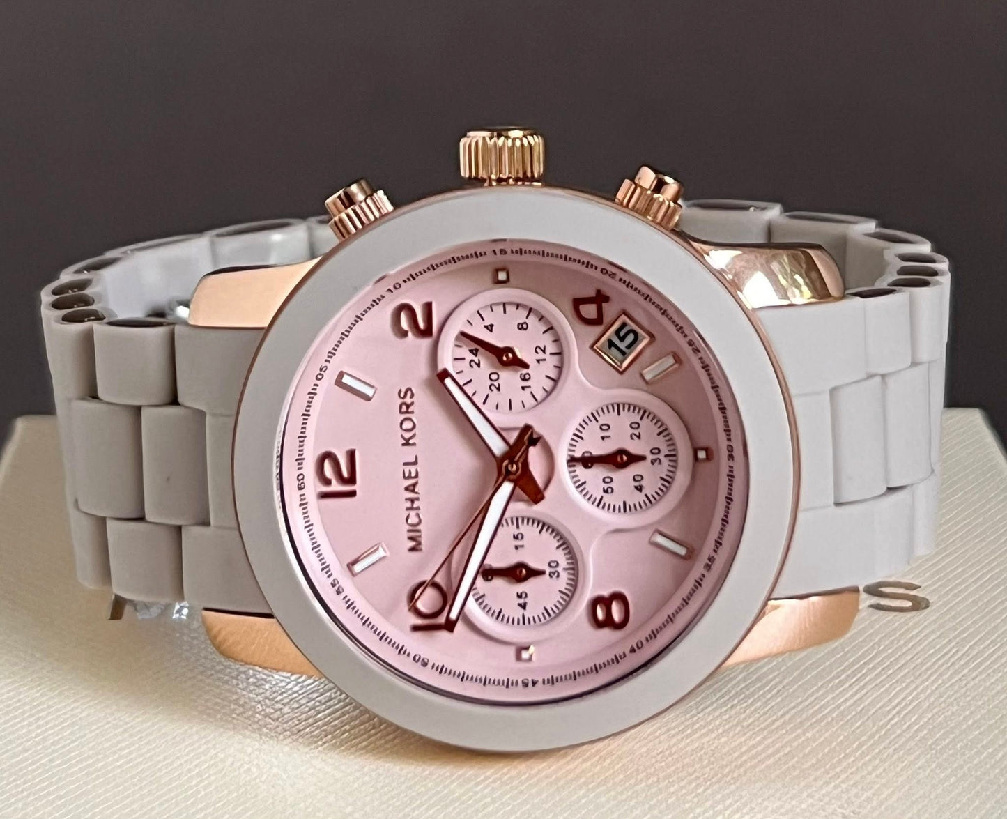Michael Kors Women’s Runway Chronograph Rose Gold-Tone Stainless Steel and Wheat Silicone Watch