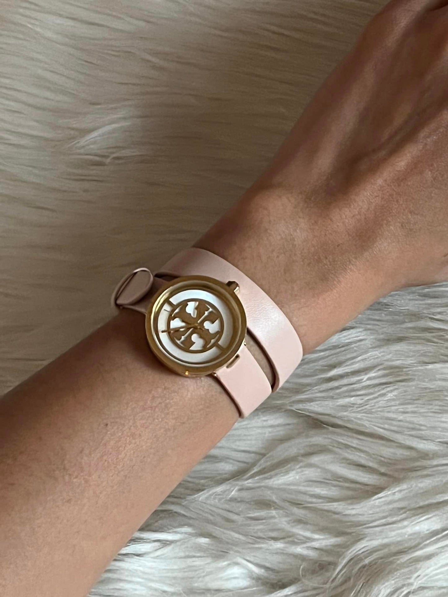 Tory Burch Reva Double-Wrap Watch in Nude Leather/Gold Tone