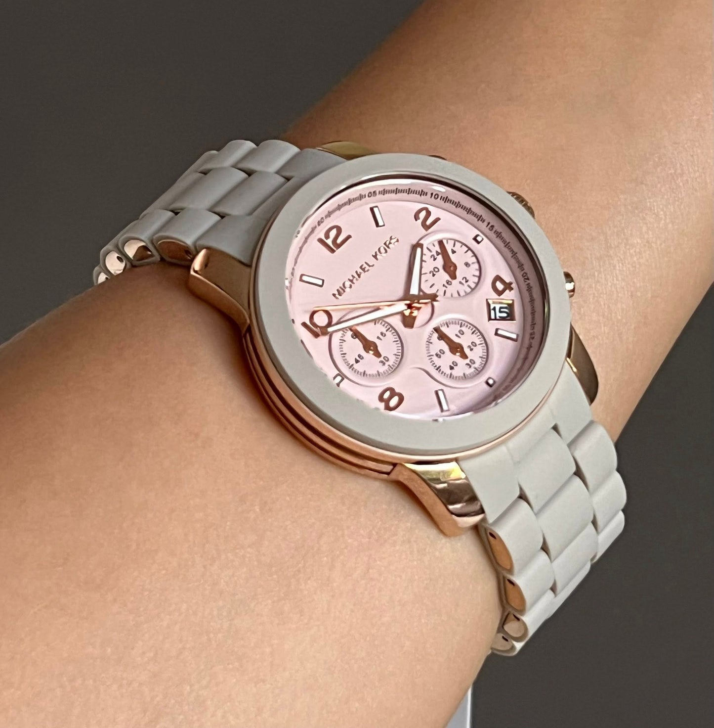 Michael Kors Women’s Runway Chronograph Rose Gold-Tone Stainless Steel and Wheat Silicone Watch