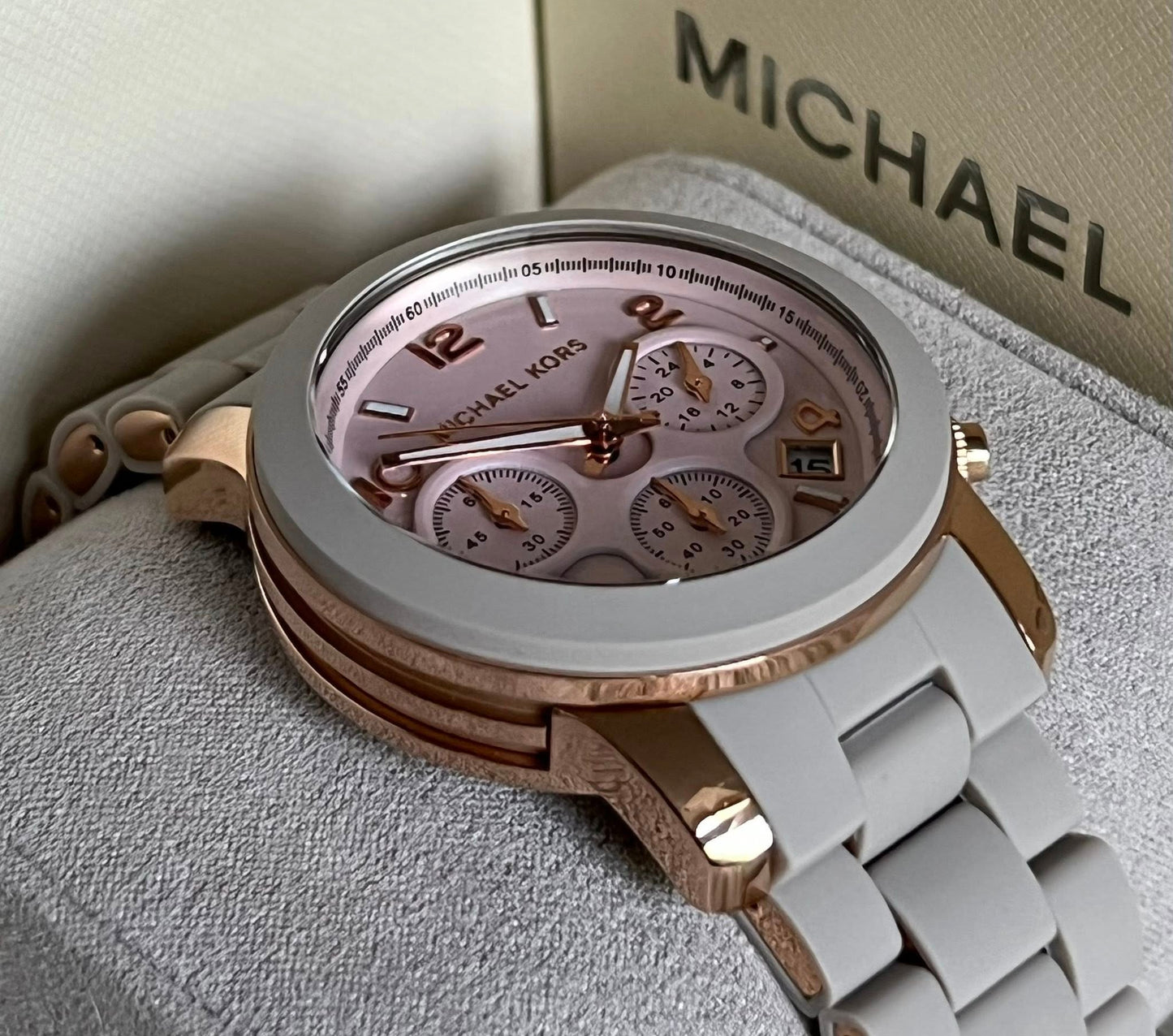 Michael Kors Women’s Runway Chronograph Rose Gold-Tone Stainless Steel and Wheat Silicone Watch