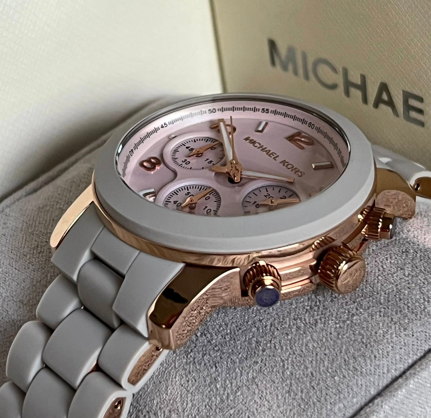 Michael Kors Women’s Runway Chronograph Rose Gold-Tone Stainless Steel and Wheat Silicone Watch
