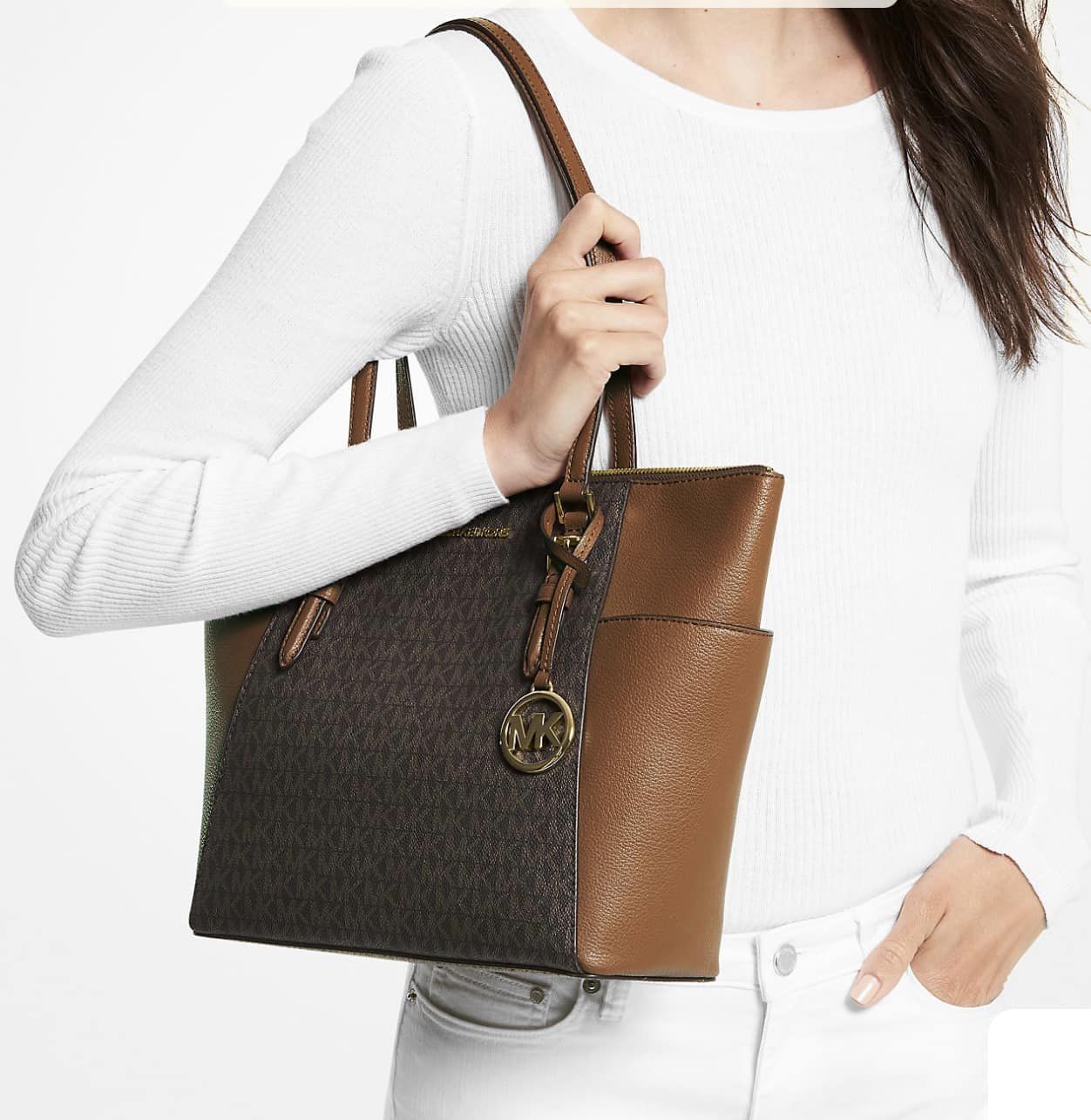 Michael Kors Charlotte Large Logo and Leather Top-Zip Tote Bag