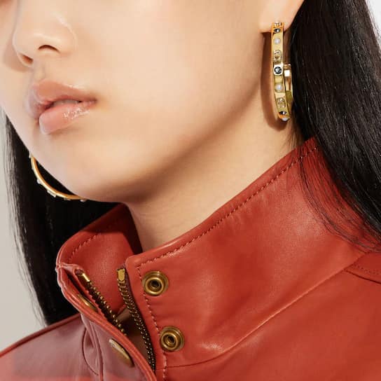 Coach Pegged Signature and Stone Large Hoop Earrings