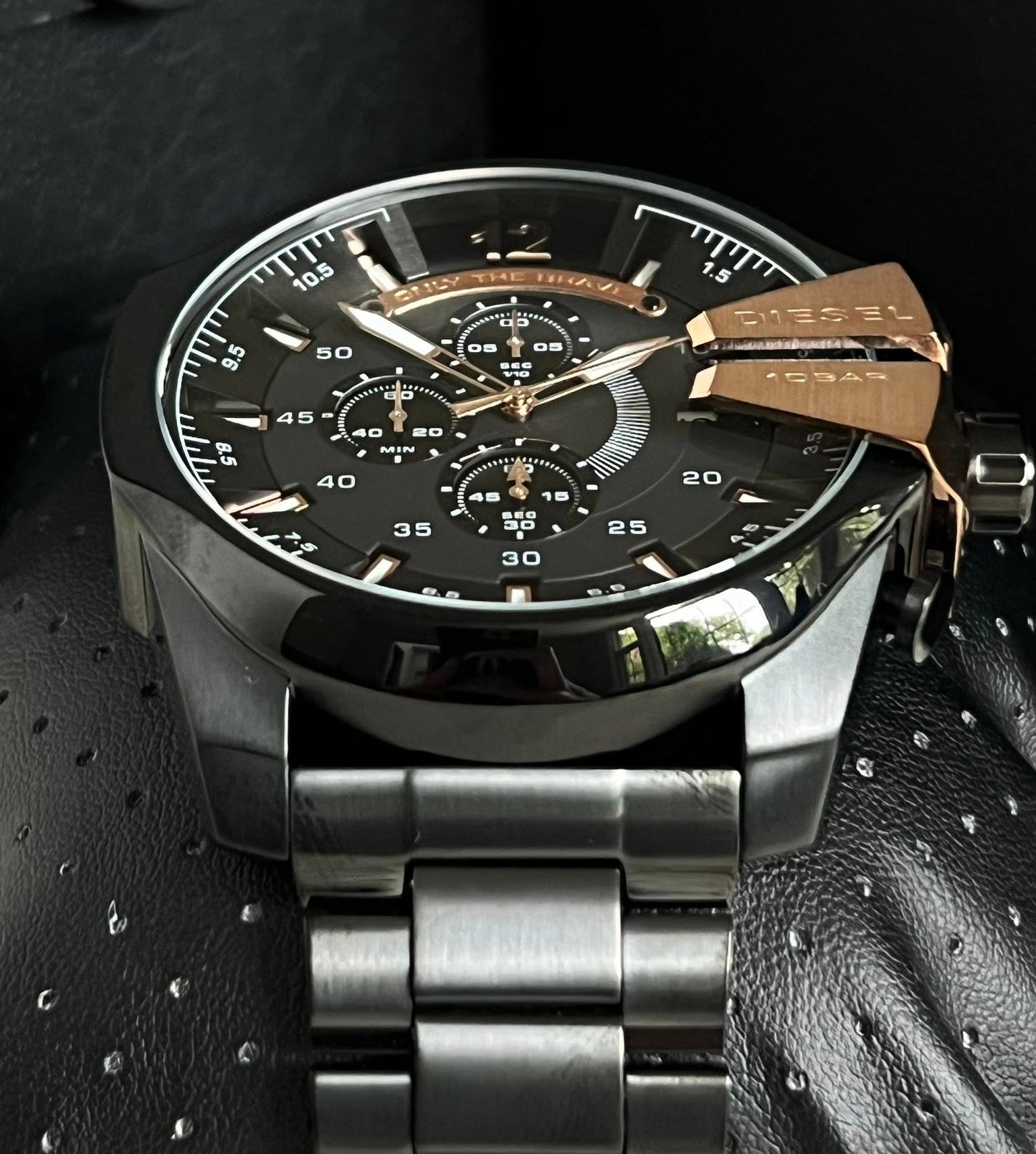 Diesel Men’s Mega Chief Black IP and Rose Gold Chronograph