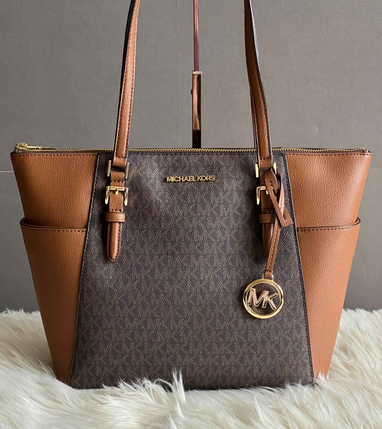 Michael Kors Charlotte Large Logo and Leather Top-Zip Tote Bag