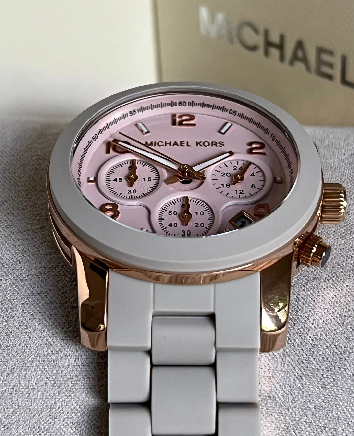 Michael Kors Women’s Runway Chronograph Rose Gold-Tone Stainless Steel and Wheat Silicone Watch