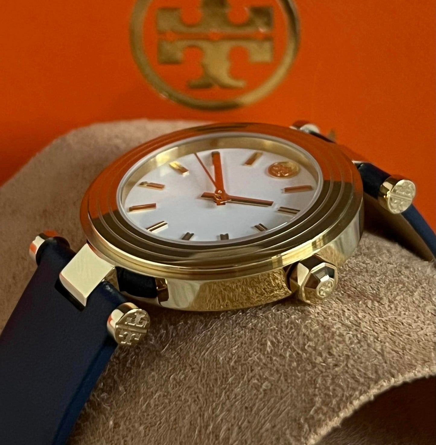 Tory Burch Women’s Classic T Navy Leather Gold-Tone Watch