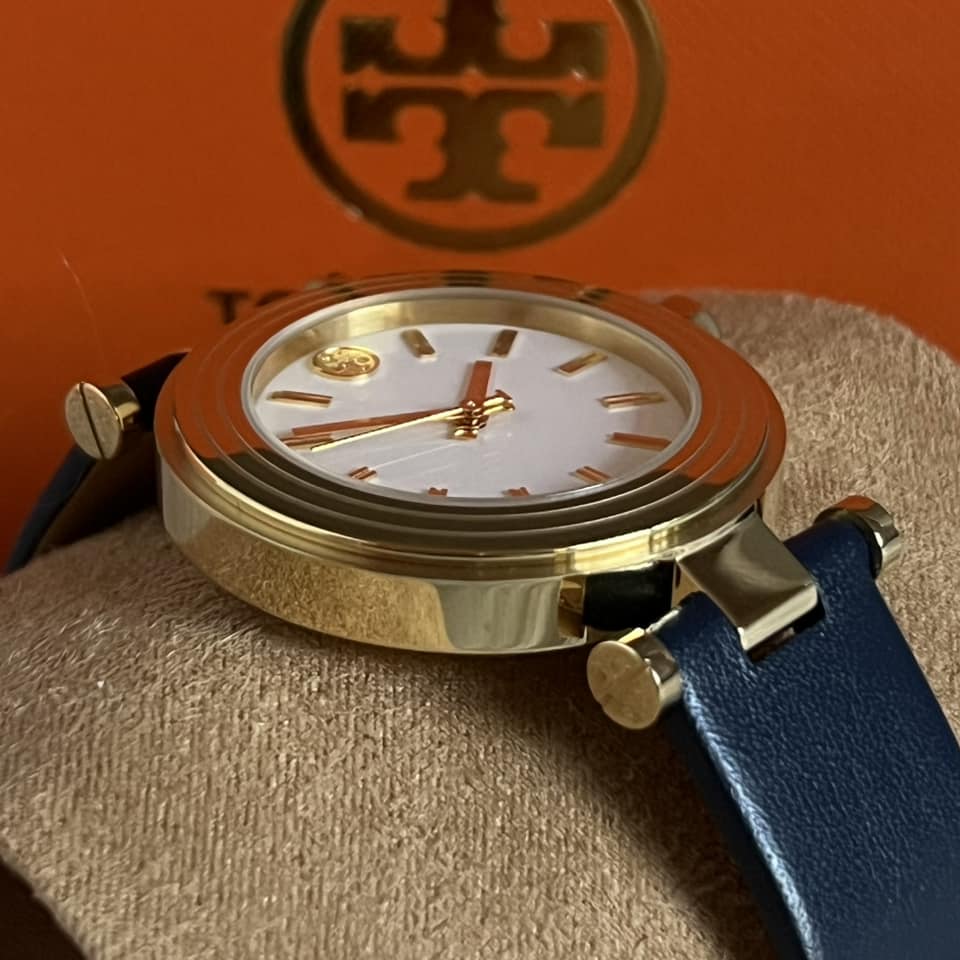 Tory Burch Women’s Classic T Navy Leather Gold-Tone Watch