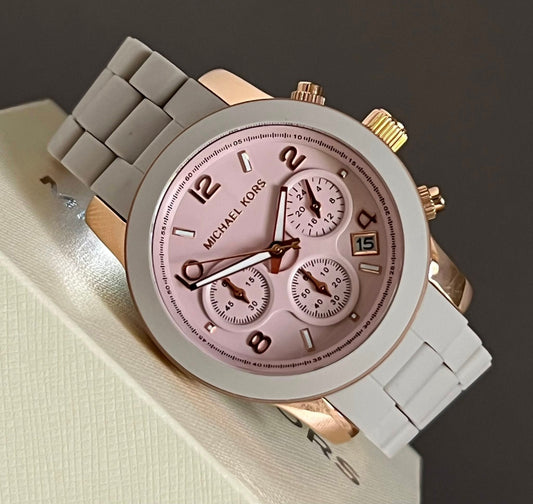 Michael Kors Women’s Runway Chronograph Rose Gold-Tone Stainless Steel and Wheat Silicone Watch