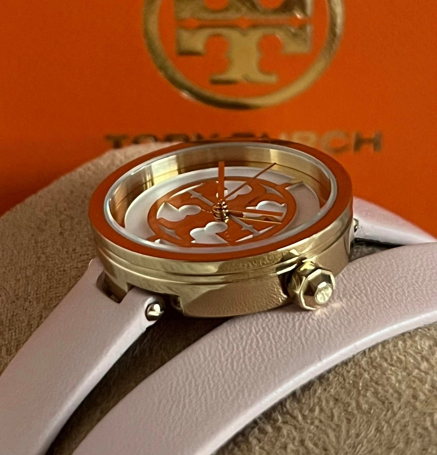 Tory Burch Reva Double-Wrap Watch in Nude Leather/Gold Tone