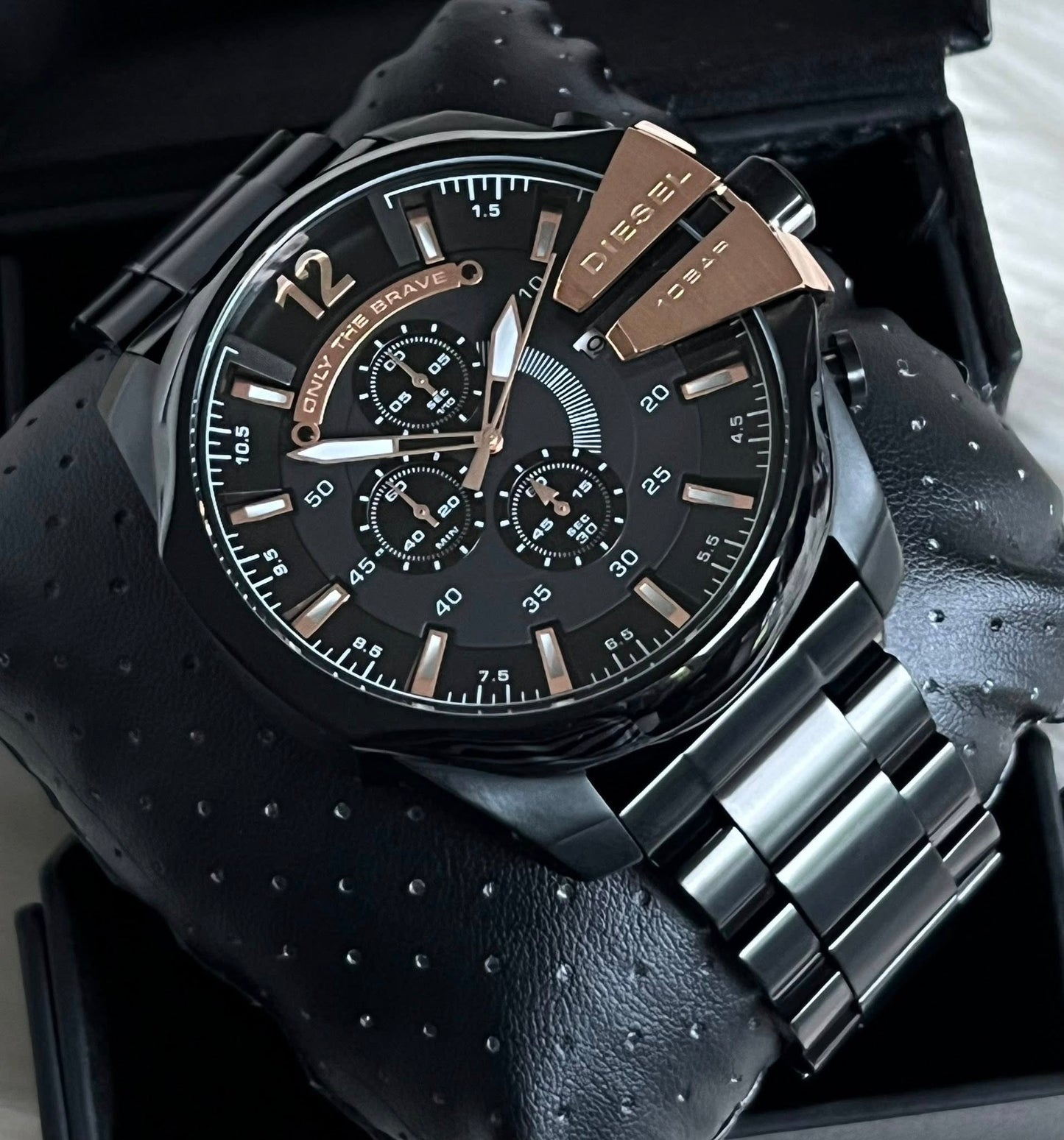 Diesel Men’s Mega Chief Black IP and Rose Gold Chronograph