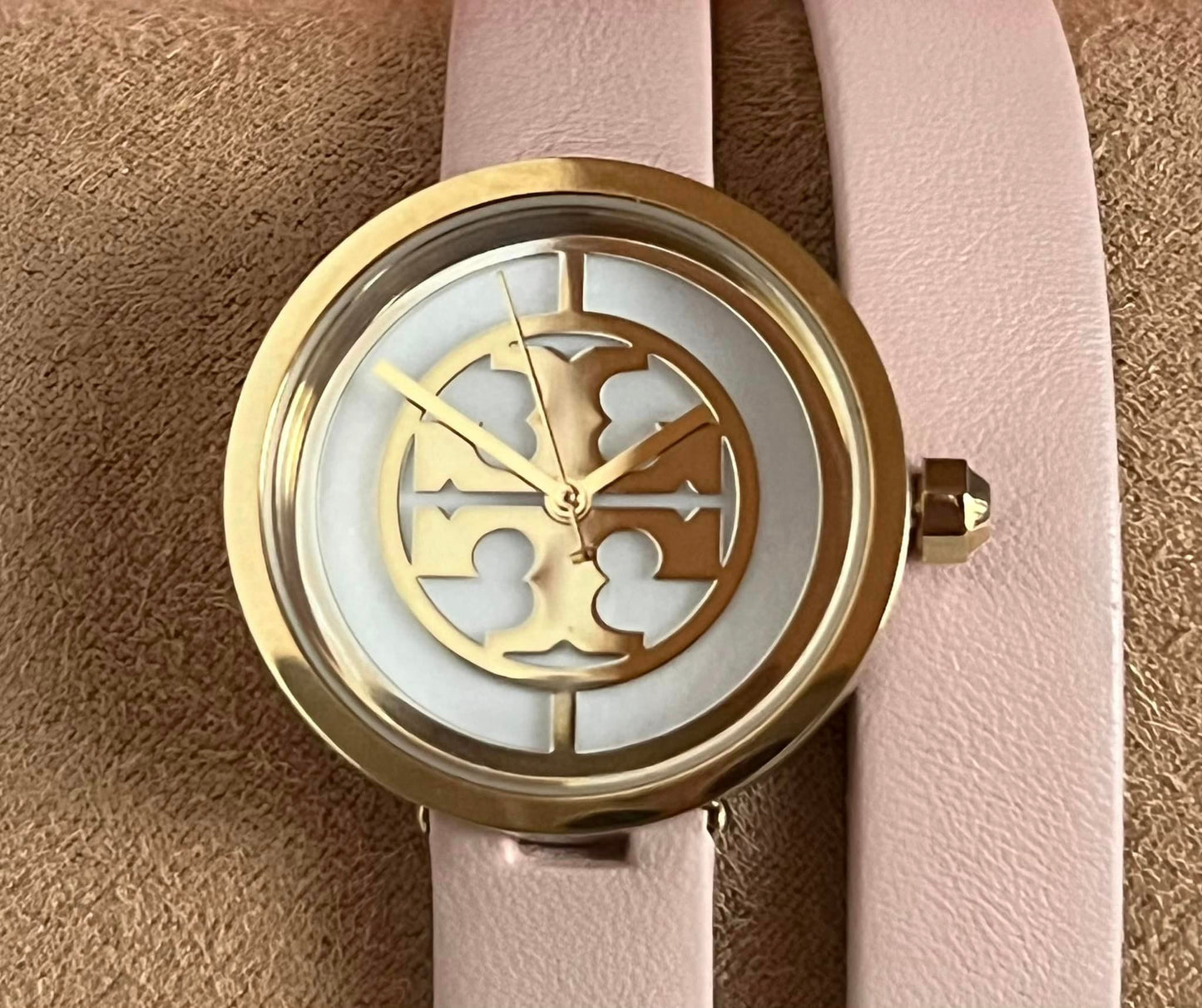 Tory Burch Reva Double-Wrap Watch in Nude Leather/Gold Tone