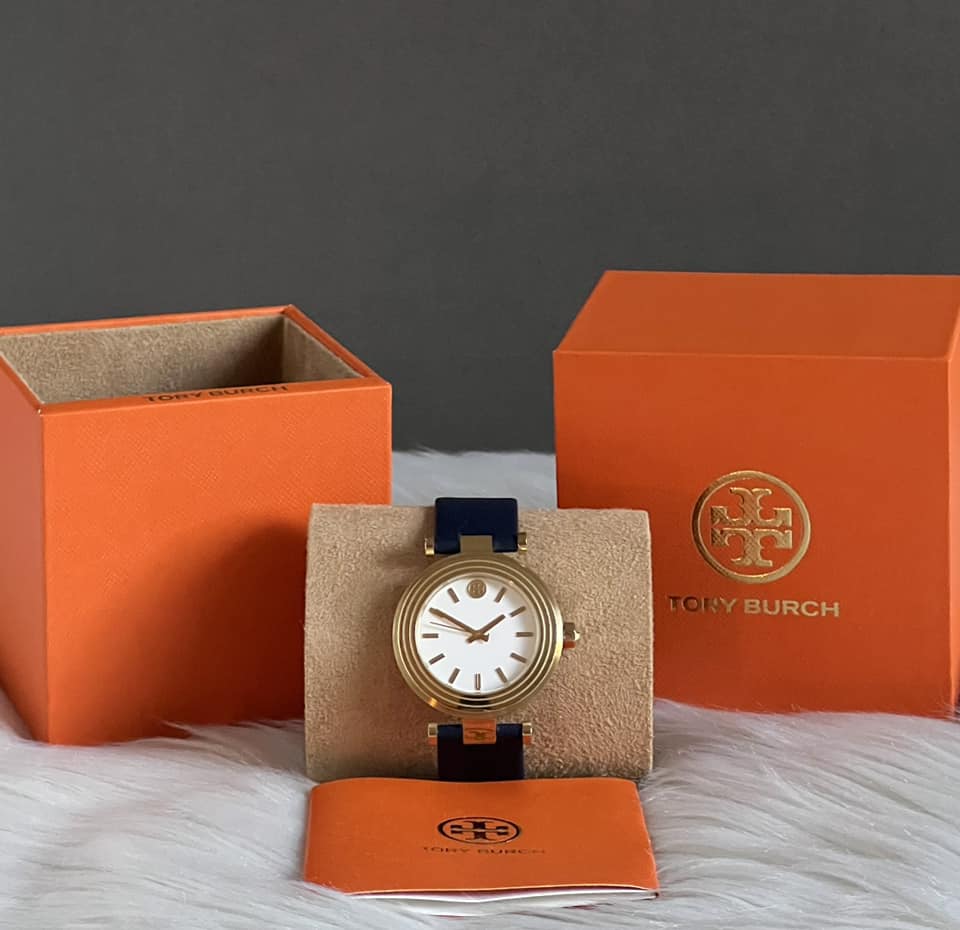 Tory Burch Women’s Classic T Navy Leather Gold-Tone Watch