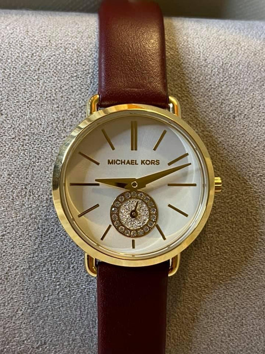 Michael Kors Women’s Petite Portia Rose Gold-Tone Merlot Leather Watch
