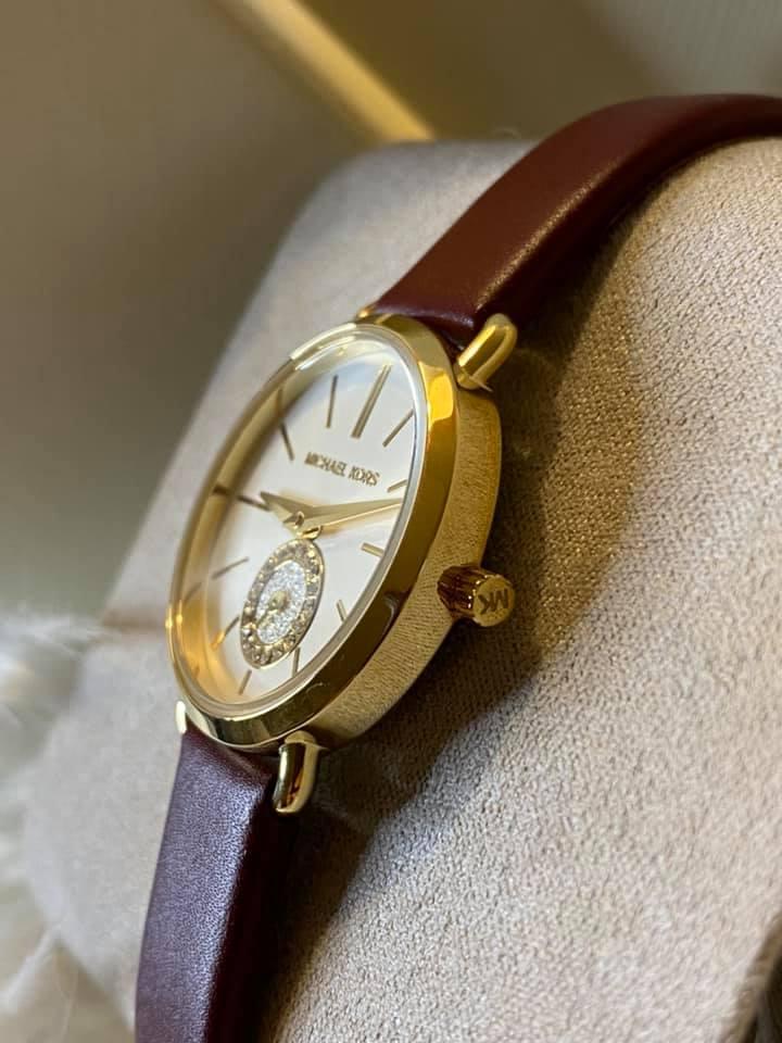 Michael Kors Women’s Petite Portia Rose Gold-Tone Merlot Leather Watch