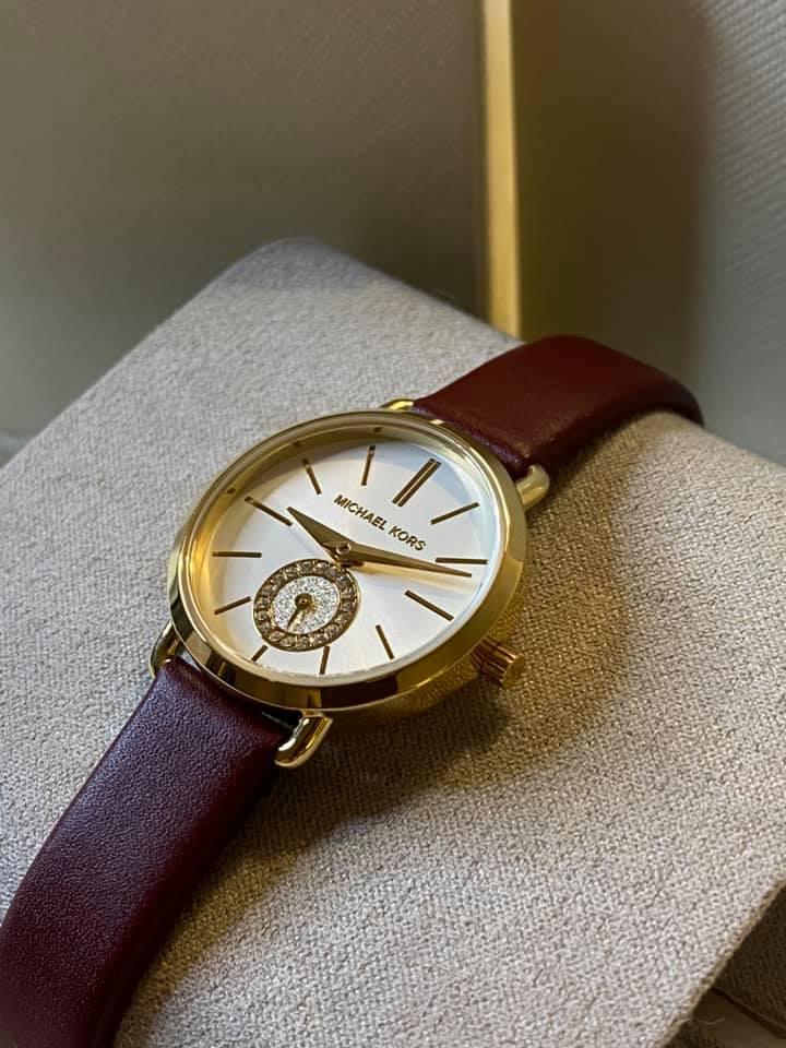 Michael Kors Women’s Petite Portia Rose Gold-Tone Merlot Leather Watch
