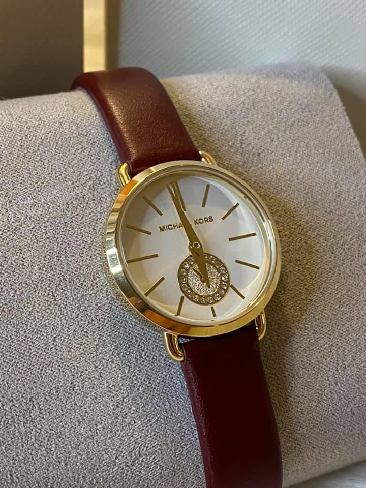 Michael Kors Women’s Petite Portia Rose Gold-Tone Merlot Leather Watch