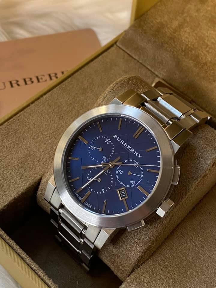 Burberry Men s Large Check Blue Dial Stainless Steel Watch Club