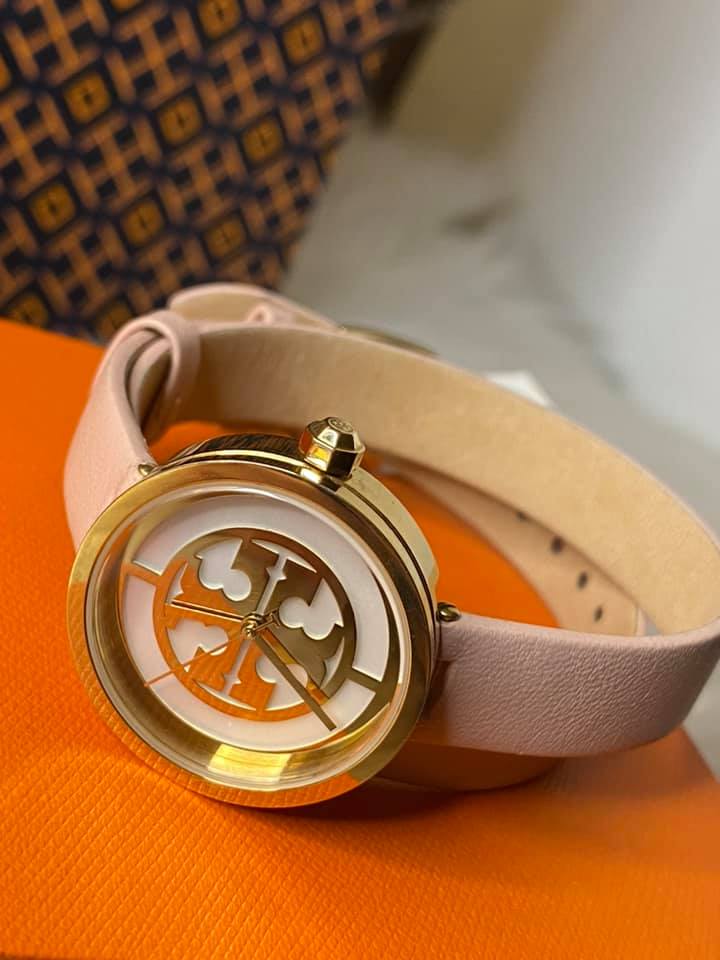Tory Burch Reva Double-Wrap Watch in Nude Leather/Gold Tone