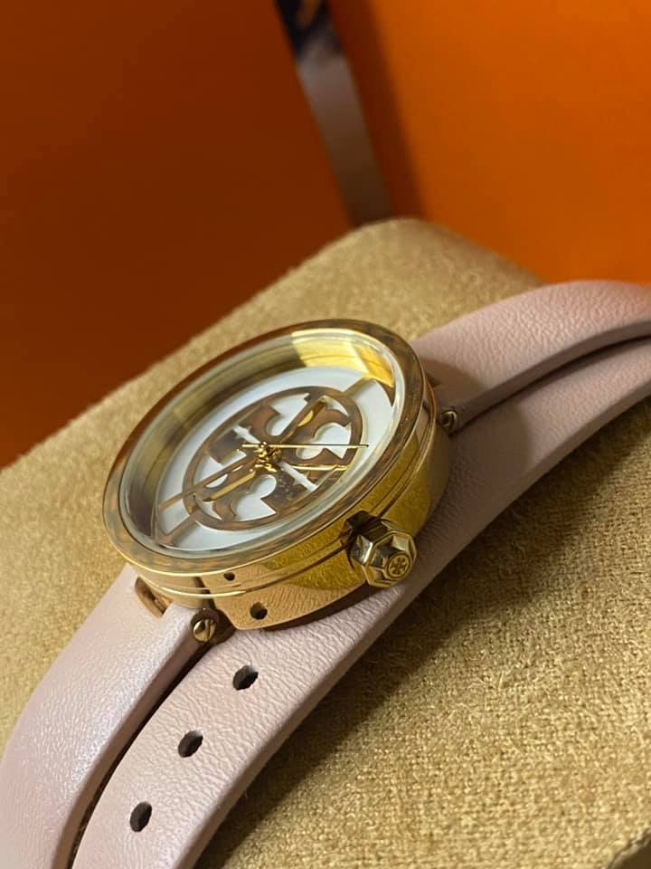 Tory Burch Reva Double Wrap Watch in Nude Leather Gold Tone Club