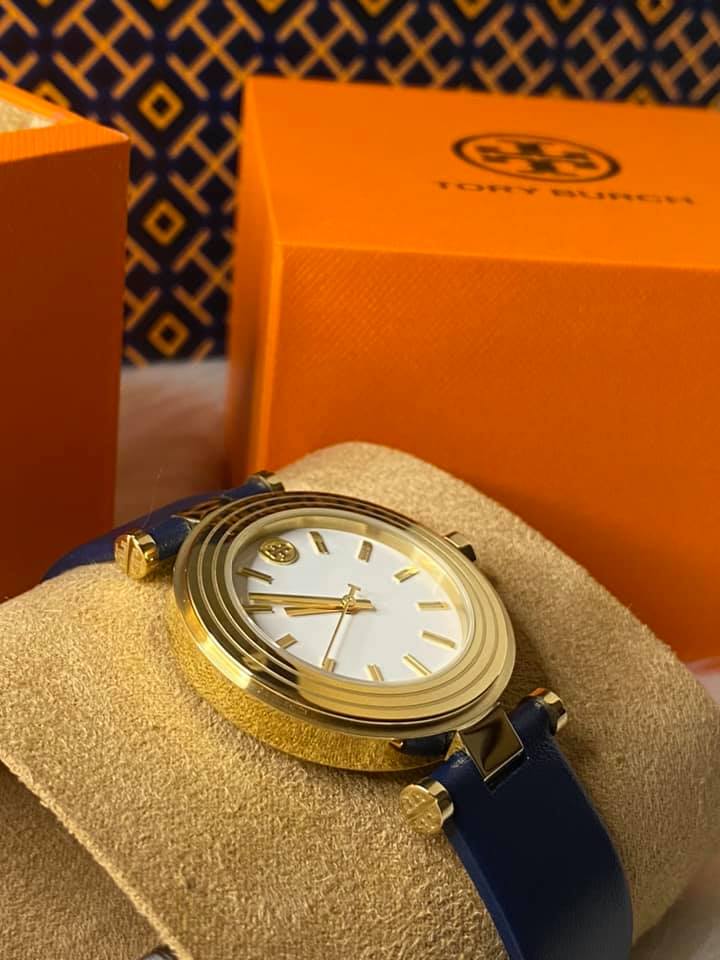 Tory Burch Women’s Classic T Navy Leather Gold-Tone Watch