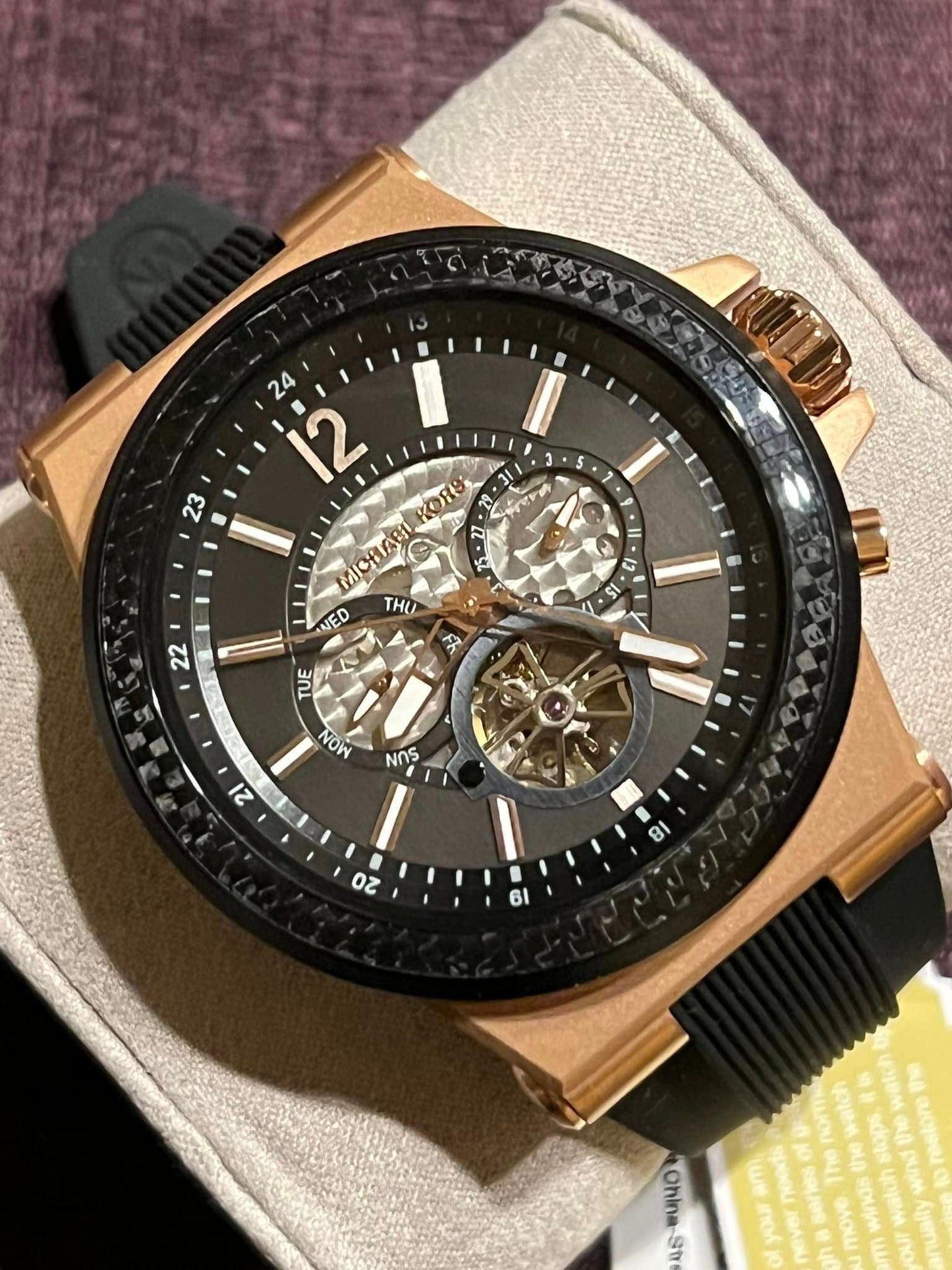 Michael Kors Men’s Dylan Automatic Rose Gold-Tone with Black Silicone Strap
